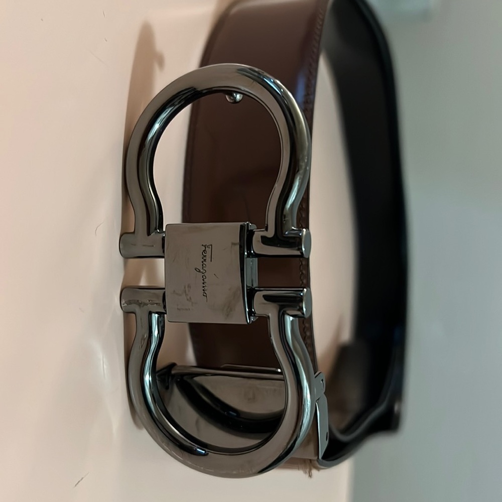 Brown / black reversible belt with silver hardware Ferragamo
